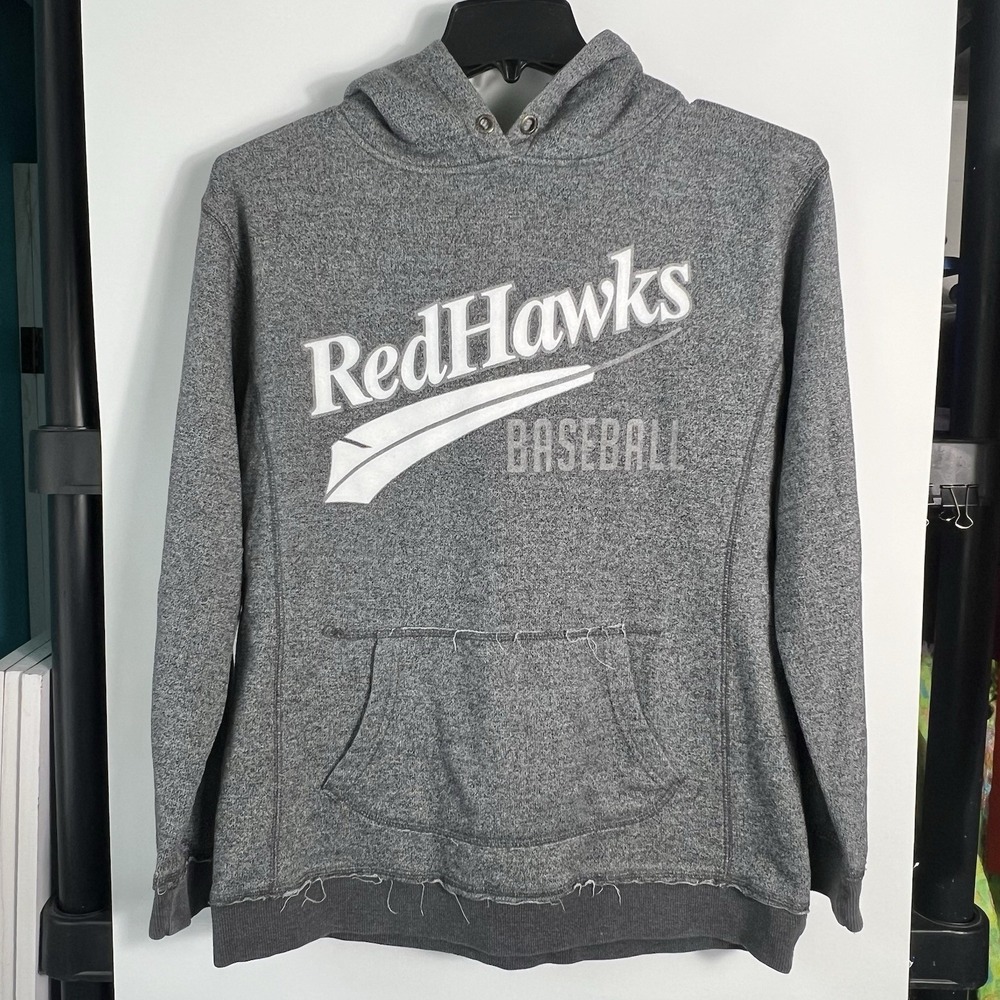 J America Womens L Fargo–Moorhead RedHawks Baseball Hoodie‎ Gray Distressed Hems